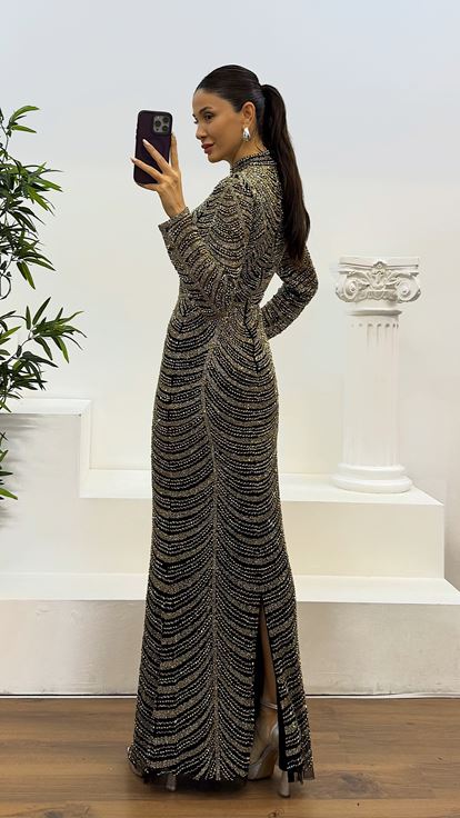 Gold Long Sleeve Hand Embroidered Design Evening Dress