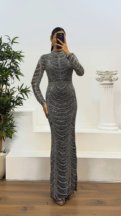 Silver Long Sleeve Hand Embroidered Design Evening Dress