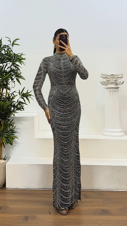 Silver Long Sleeve Hand Embroidered Design Evening Dress