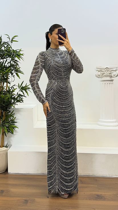 Silver Long Sleeve Hand Embroidered Design Evening Dress