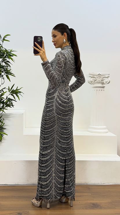Silver Long Sleeve Hand Embroidered Design Evening Dress