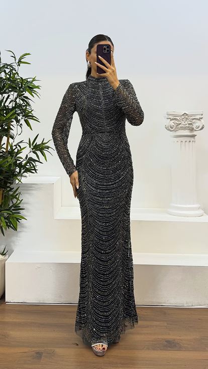 Emerald Long Sleeve Hand Embroidered Design Evening Dress