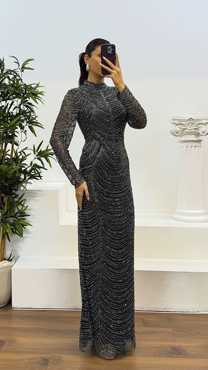 Emerald Long Sleeve Hand Embroidered Design Evening Dress