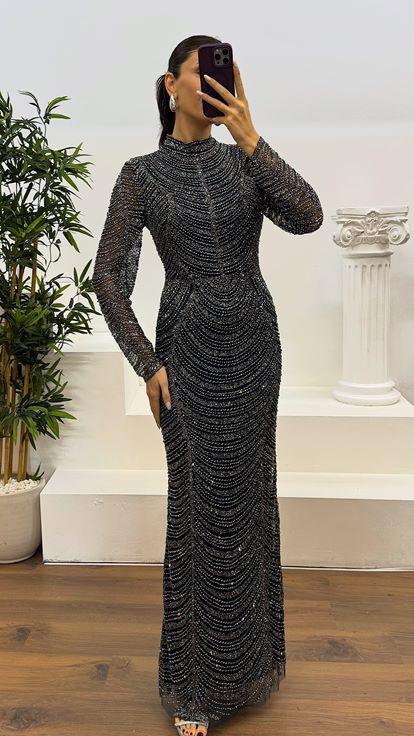 Emerald Long Sleeve Hand Embroidered Design Evening Dress