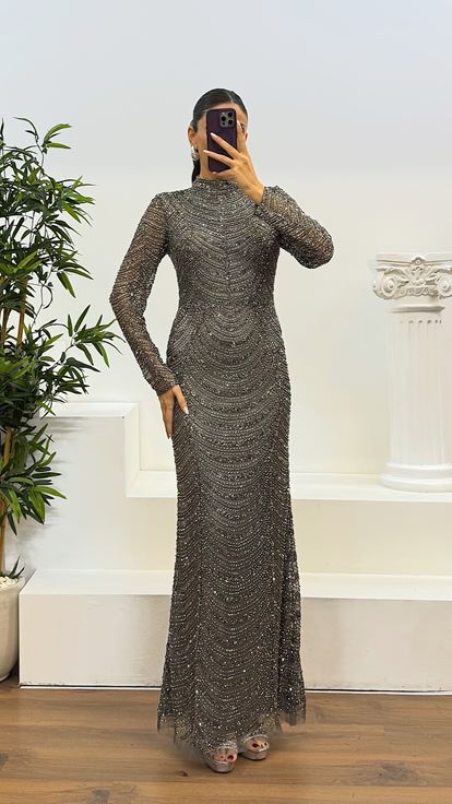 Anthracite Long Sleeve Hand Embroidered Design Evening Dress