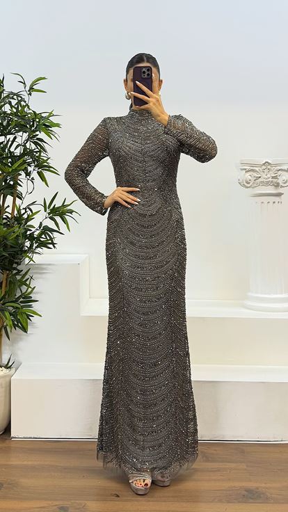 Anthracite Long Sleeve Hand Embroidered Design Evening Dress