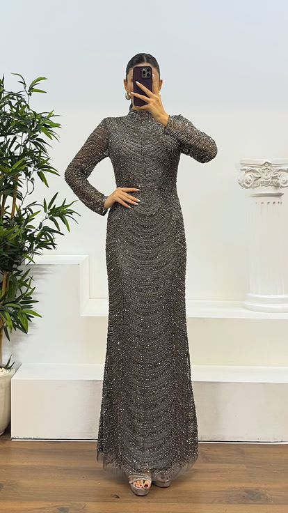 Anthracite Long Sleeve Hand Embroidered Design Evening Dress