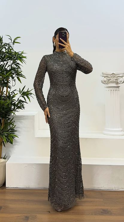 Anthracite Long Sleeve Hand Embroidered Design Evening Dress