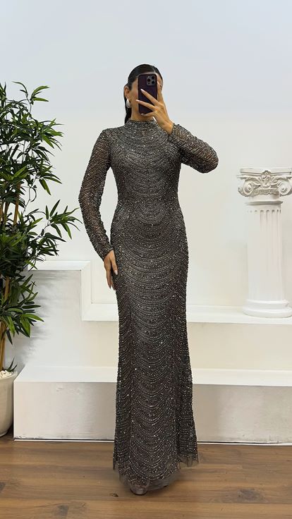 Anthracite Long Sleeve Hand Embroidered Design Evening Dress