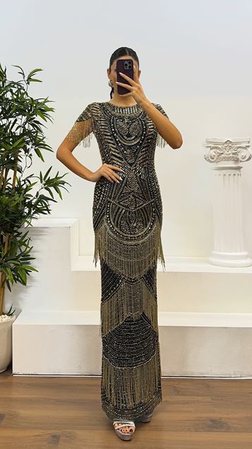 Emerald Short Sleeve Hand Embroidered Design Evening Dress