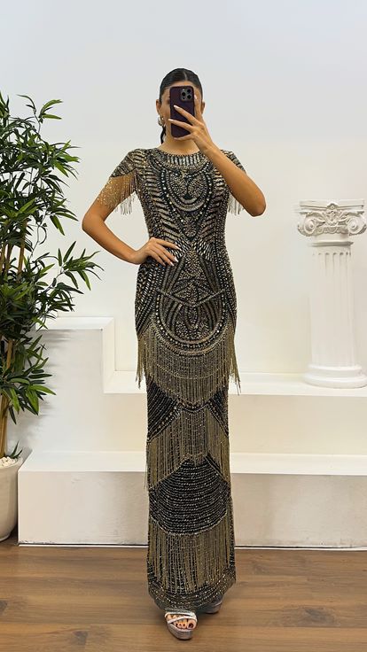 Emerald Short Sleeve Hand Embroidered Design Evening Dress