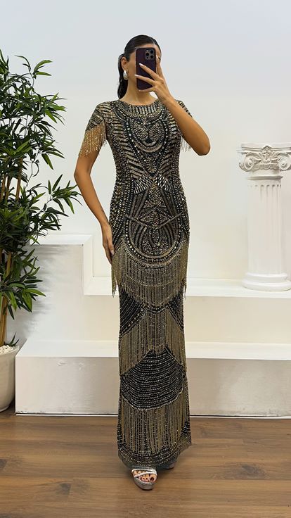 Emerald Short Sleeve Hand Embroidered Design Evening Dress