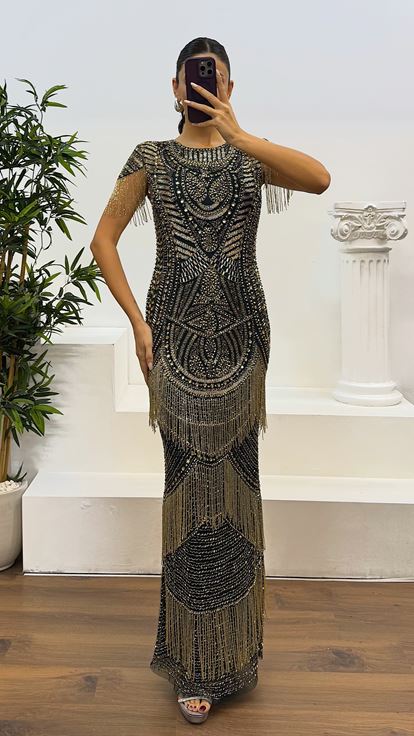 Emerald Short Sleeve Hand Embroidered Design Evening Dress