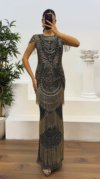 Emerald Short Sleeve Hand Embroidered Design Evening Dress