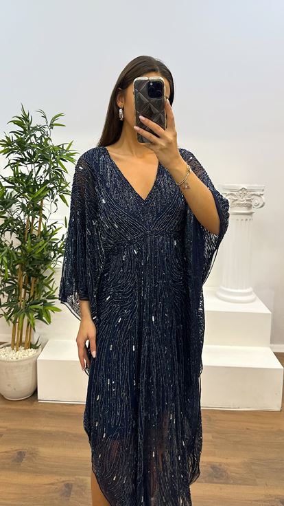 Navy Blue Bat Sleeve Hand Embroidered Design Evening Dress