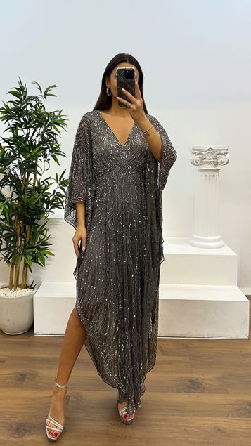 Anthracite Bat Sleeve Hand Embroidered Design Evening Dress