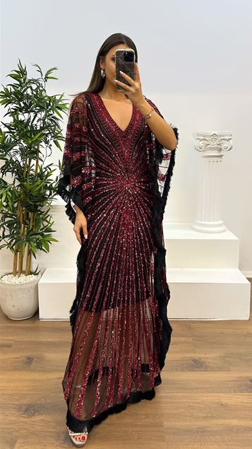 Red V-neck Fringed Hand Embroidered Design Evening Dress