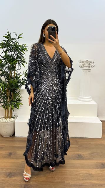 Indigo V-Neck Fringed Hand Embroidered Design Evening Dress