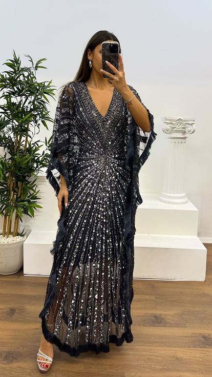 İndigo V Yaka Saçaklı El İşlemesi Tasarım Abiye Elbise