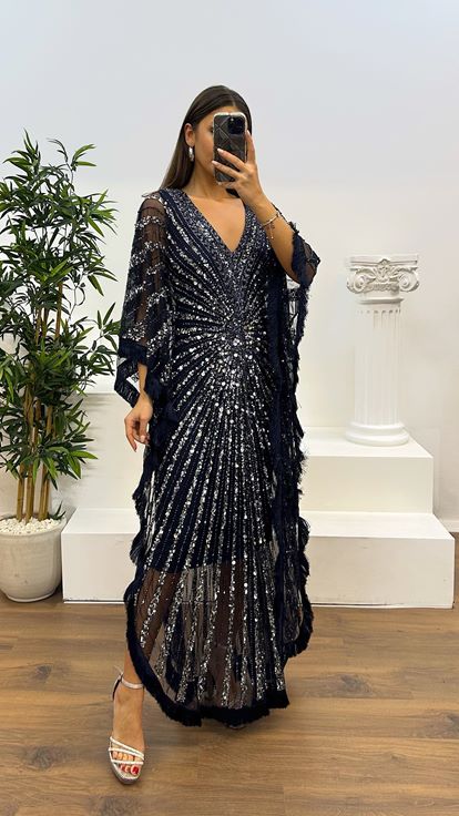 Marineblaues, handbesticktes Abendkleid mit Fransen und V-Ausschnitt