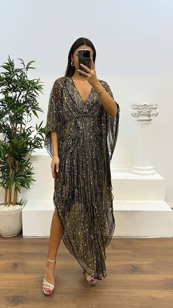 Black Bat Sleeve Hand Embroidered Design Evening Dress