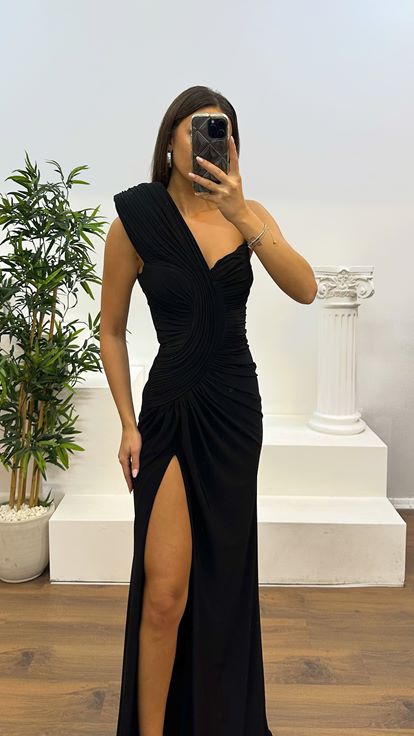 Black One Shoulder Draped Evening Dress