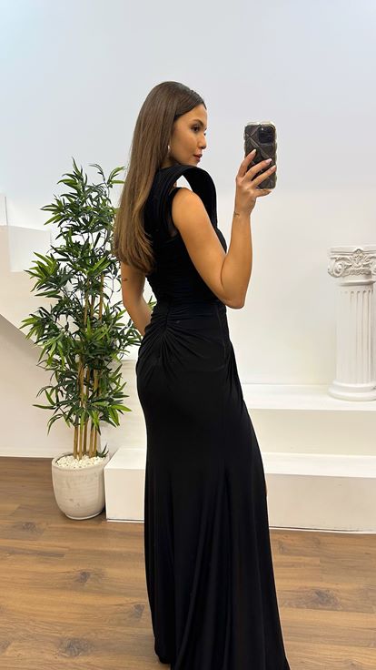 Black One Shoulder Draped Evening Dress