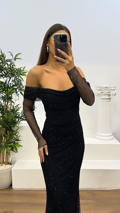 Black Chest Drape Detail Mesh Evening Dress