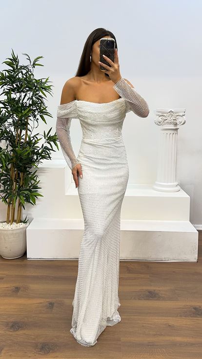 Bone Bust Drape Detail Mesh Evening Dress