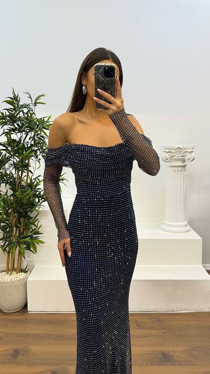 Navy Blue Jan Jan Chest Drape Detail Mesh Evening Dress