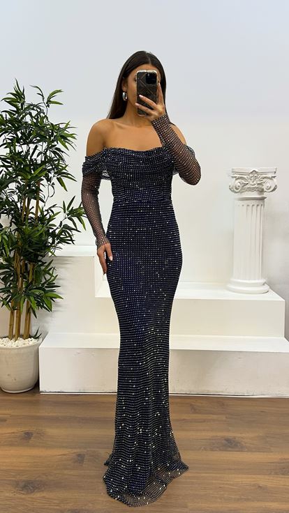 Navy Blue Jan Jan Chest Drape Detail Mesh Evening Dress