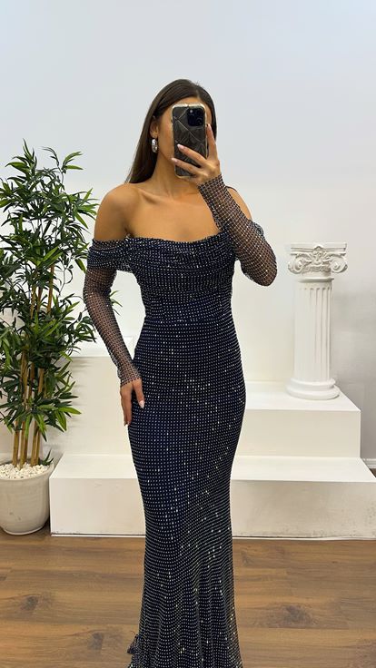 Navy Blue Jan Jan Chest Drape Detail Mesh Evening Dress