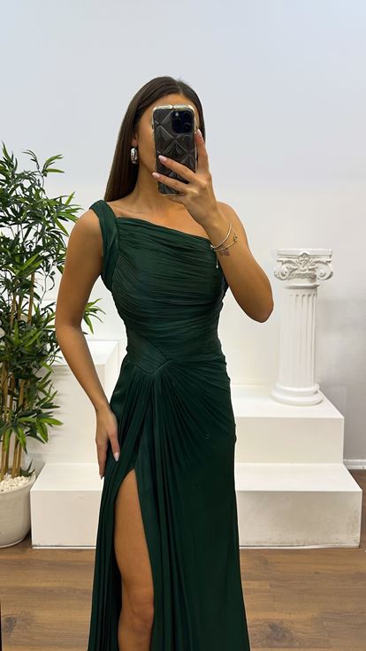 Emerald One Shoulder Drape Detail Chiffon Evening Dress