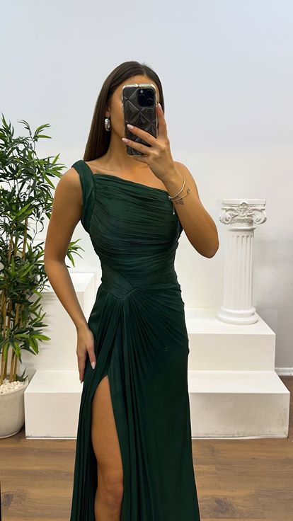 Emerald One Shoulder Drape Detail Chiffon Evening Dress