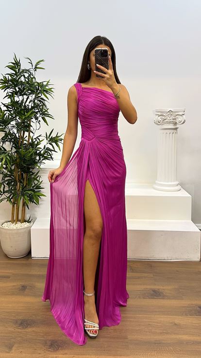 Fuchsia One Shoulder Drape Detail Chiffon Evening Dress