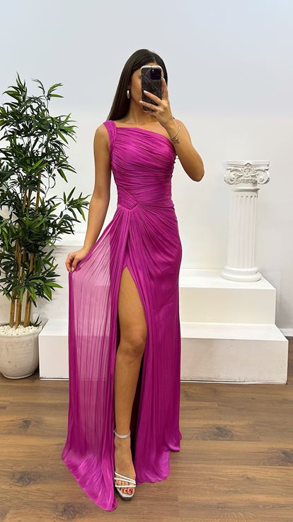 Fuchsia One Shoulder Drape Detail Chiffon Evening Dress