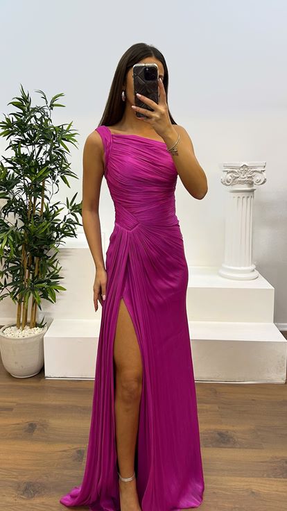 Fuchsia One Shoulder Drape Detail Chiffon Evening Dress