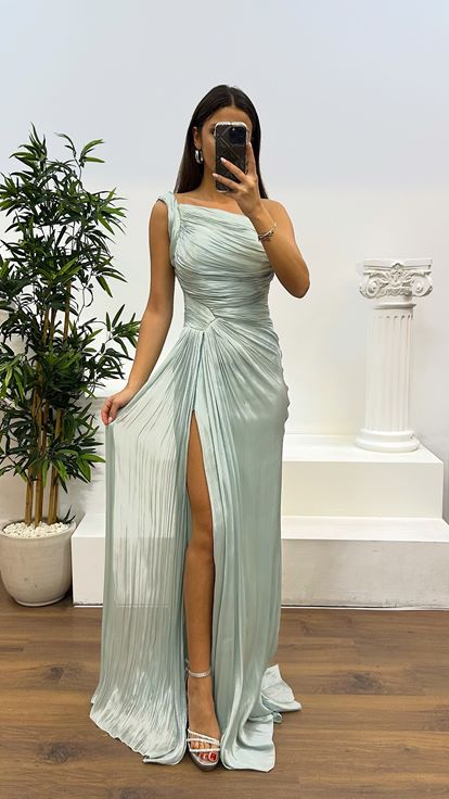 Mint One Shoulder Drape Detail Chiffon Evening Dress