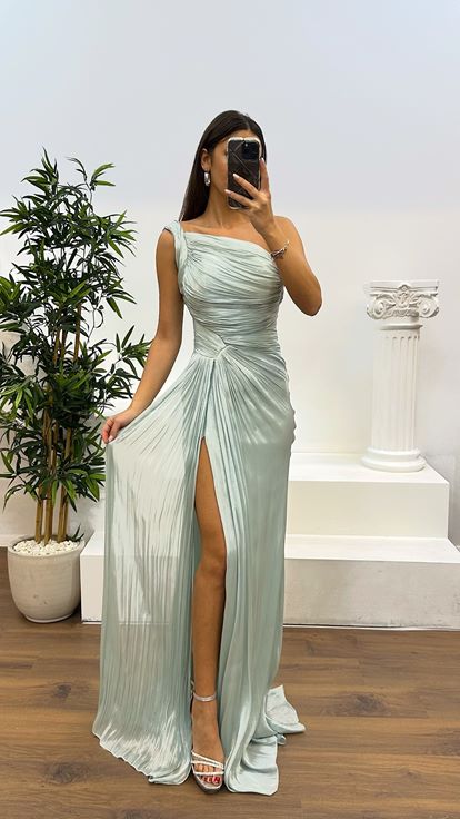 Mint One Shoulder Drape Detail Chiffon Evening Dress