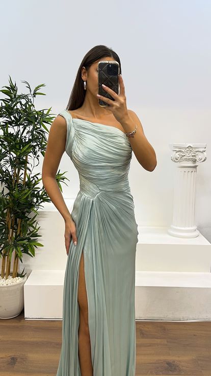 Mint One Shoulder Drape Detail Chiffon Evening Dress