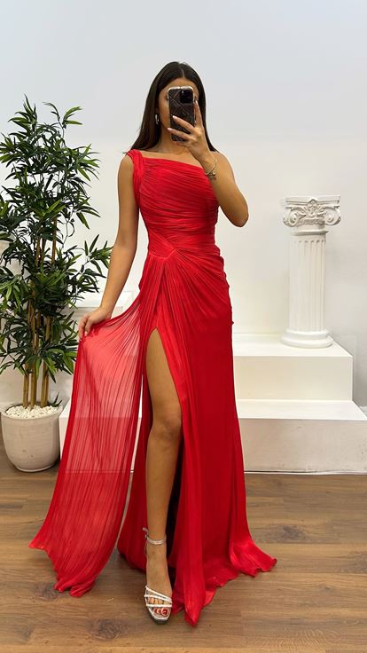 Red One Shoulder Drape Detail Chiffon Evening Dress