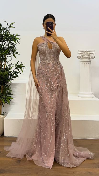 Pink One Shoulder Tulle Detail Embroidered Design Evening Dress