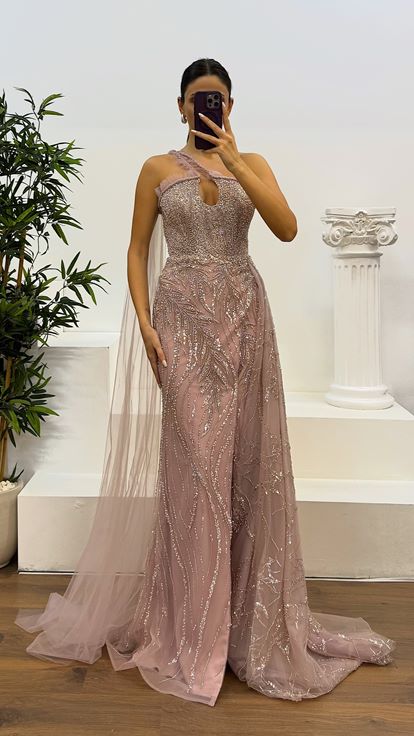 Pink One Shoulder Tulle Detail Embroidered Design Evening Dress