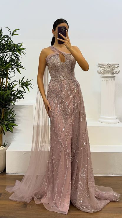 Pink One Shoulder Tulle Detail Embroidered Design Evening Dress