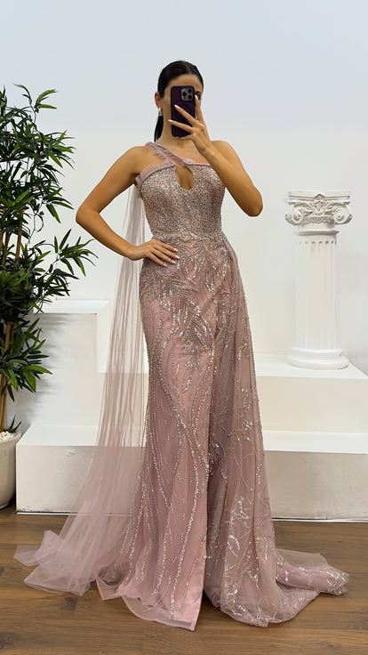 Pink One Shoulder Tulle Detail Embroidered Design Evening Dress