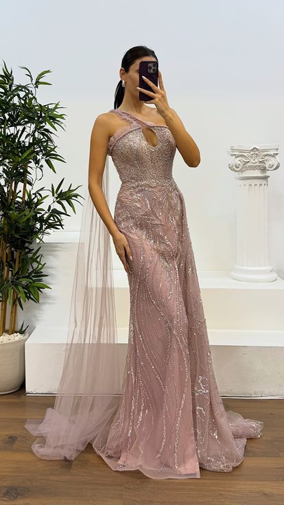 Pink One Shoulder Tulle Detail Embroidered Design Evening Dress
