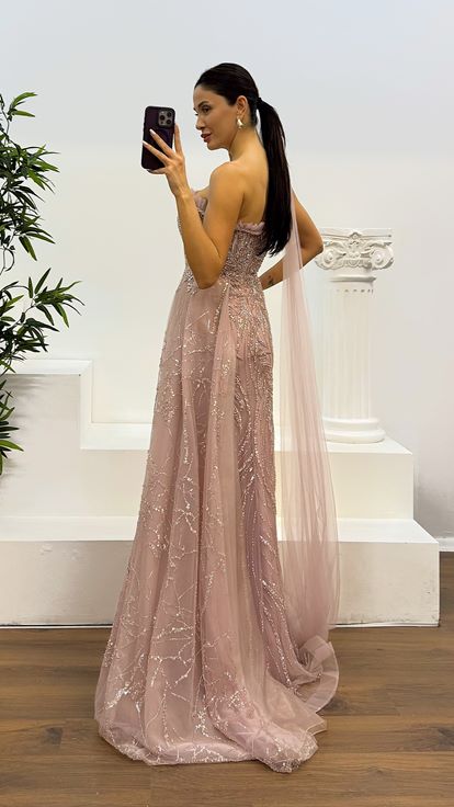 Pink One Shoulder Tulle Detail Embroidered Design Evening Dress