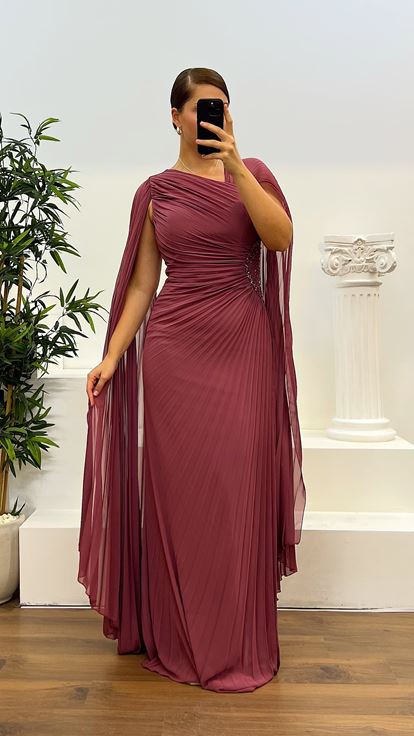 Dusty Rose Waist Embroidered Plus Size Evening Dress