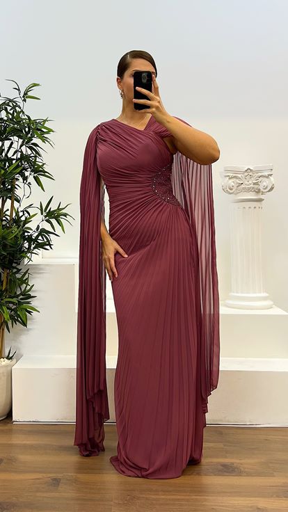 Dusty Rose Waist Embroidered Plus Size Evening Dress