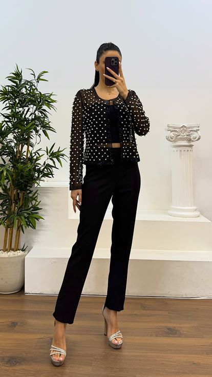 Conjunto de vestido de noche bordado de perlas negras